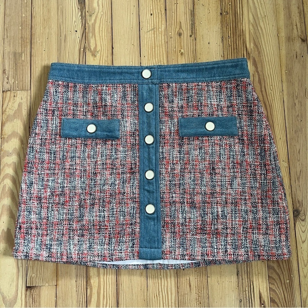 NWOT HOUSE OF HARLOW 1960 BARBIECORE‎ MIXED MEDIA TWEED DENIM PENCIL SKIRT SZ 12